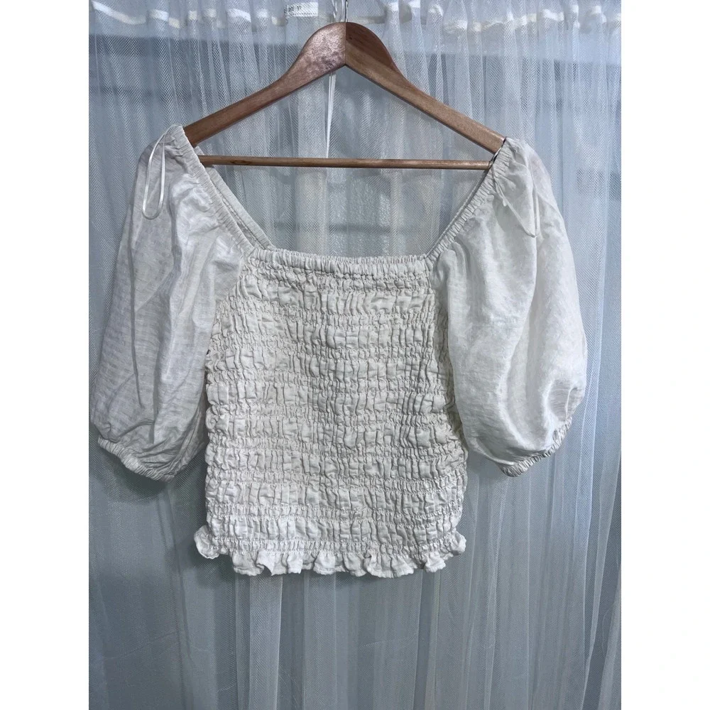 Old Navy Womens White Smocked Puff Sleeve Square Neck Peasant Top Small Boho